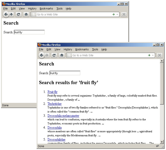 Web 表单截屏展示了 Wikipedia 对短语 ‘fruit fly’ 的搜索及其结果