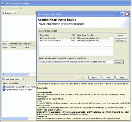 截图显示 Memory Analyzer 中的 Acquire Heap Dump 功能