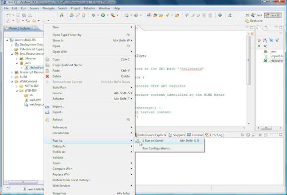  JAX-RS 应用程序的弹出菜单的屏幕截图，其中选中了 Run As>Run on Server 