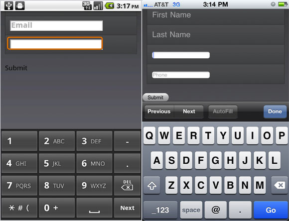 Android 和 iPhone 浏览器,焦点在 tel 和 email 输入框