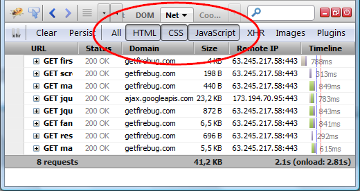 Multiple filters selected in the Net panel