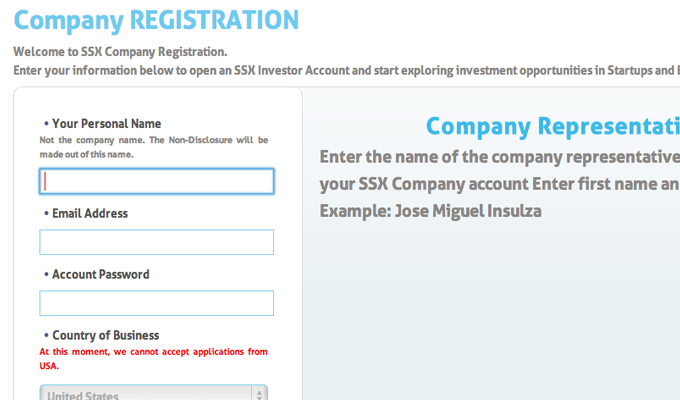 startups ssx homepage website register form