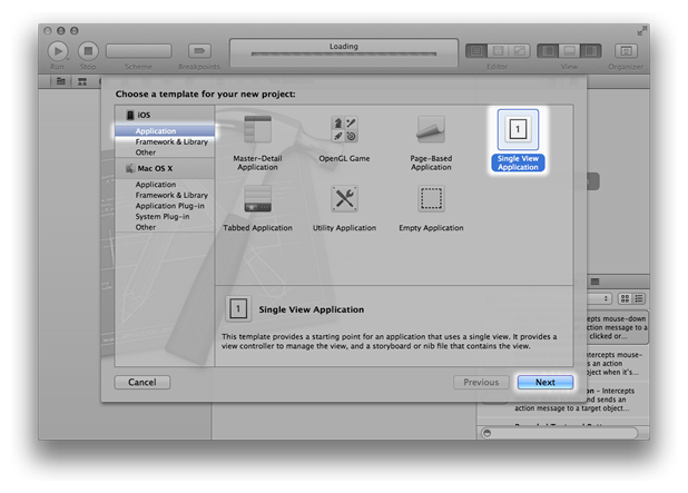 Choose A Template For Your New Project sheet with Single View Application selected and highlighted