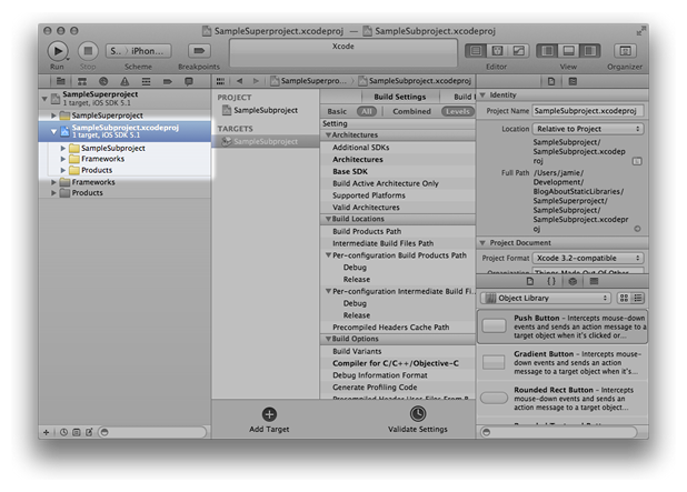 Xcode window showing SampleSupreproect project with the SampleSubproject subproject highlighted in the Navigator