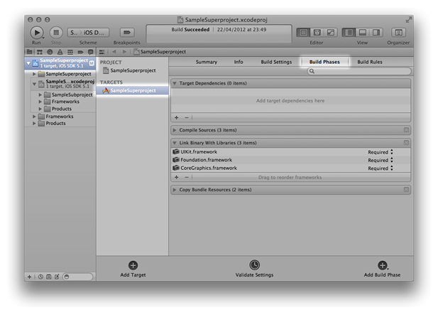 Xcode window showing SampleSuperbroject's build phases