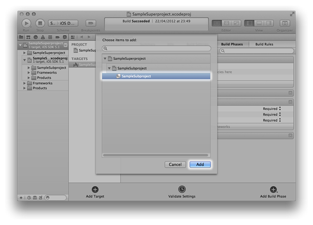 Adding a target dependency to the SampleSuperproject target