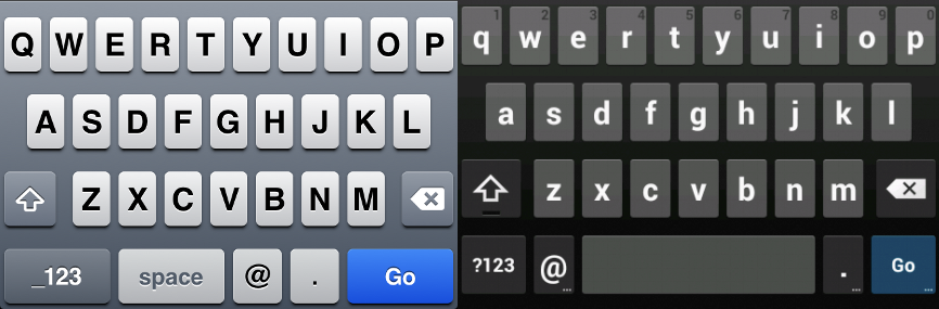 iOS (left) and Android (right) Keyboards for Email Inputs