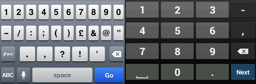 iOS (left) and Android (right) Keyboards for Number Inputs