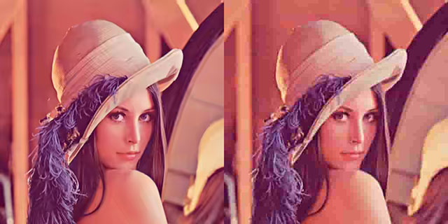 BPG (left) and JPEG (right) of a photo compressed to a file size of roughly 5872 bytes.