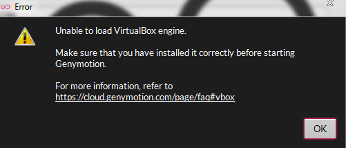 Genymotion Unable to load VirtualBox engine