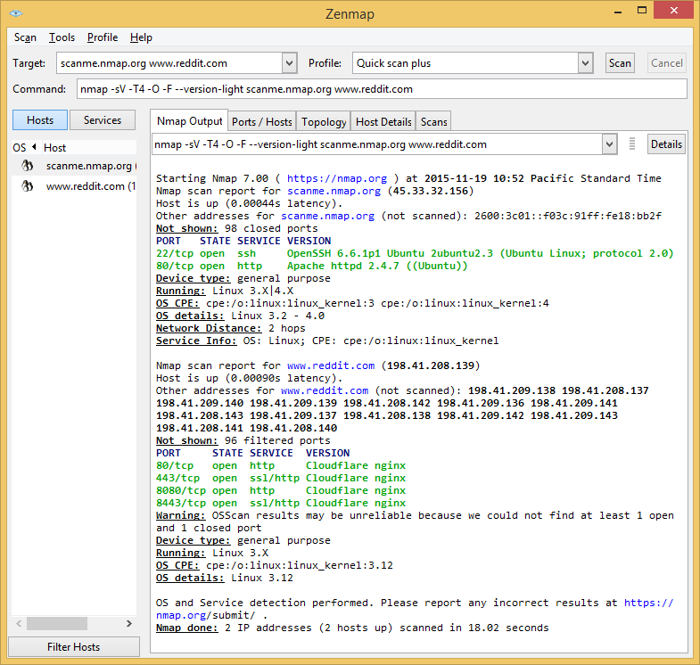 Screenshot of Zenmap 7 on Windows 8.1 showing Nmap text output