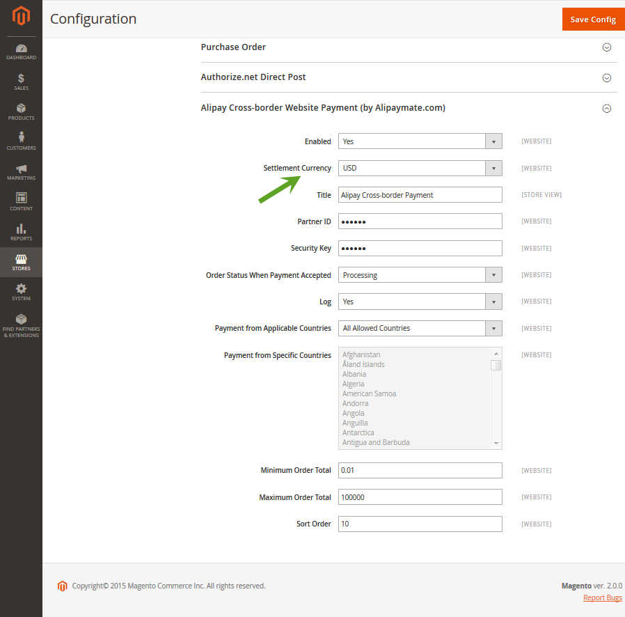 Magento 2.0 - Alipay Cross-border Website Payment - Admin Configuration