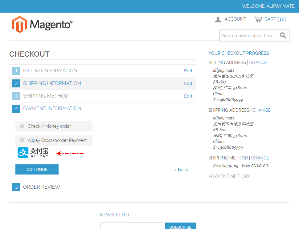 Magento 1.9 Alipay Cross-border Mobile Payment - Choose Payment Methods