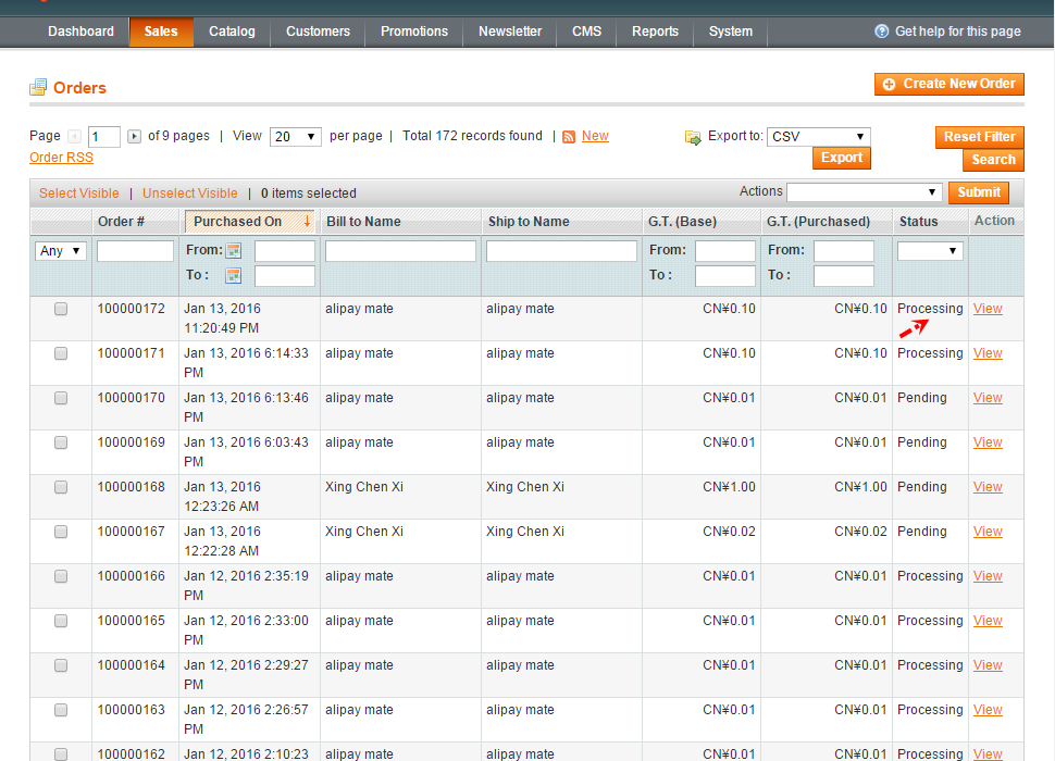 Magento 1.9 Alipay Cross-border Mobile Payment - Sale Order List