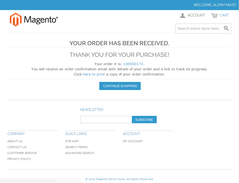 Magento 1.9 Alipay Cross-border Mobile Payment - Magento Checkout Success