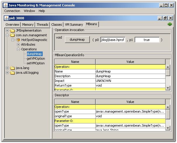 Select the dumpHeap method of the HotspotDiagnostics mbean.