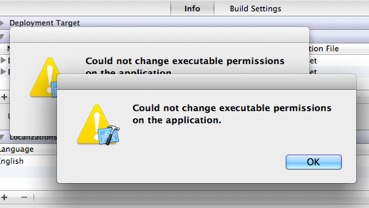 xcode 弹出“could not change executable permission...