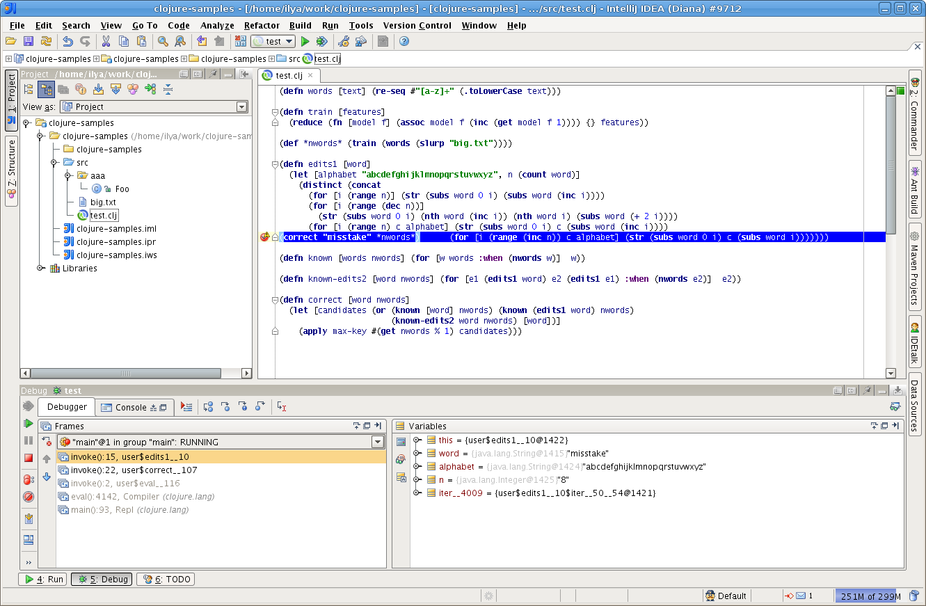 Range words. Clojure язык. Clojure код. Цикл for Clojure. INTELLIJ idea Clojure