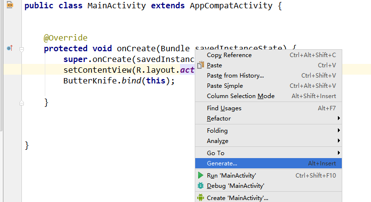 在setConTentView上边右击，选择Generate