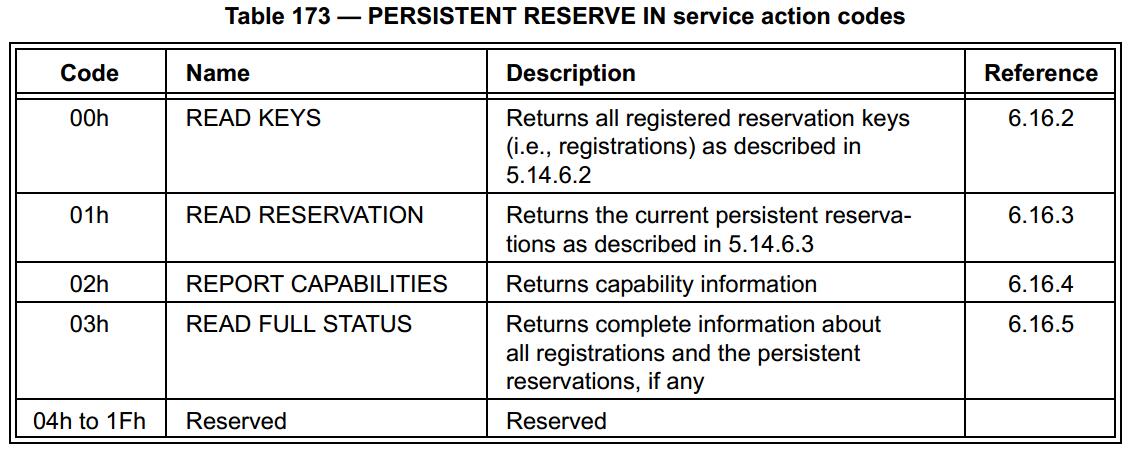 SPC-5 PERSISTENT RESERVE IN Service Action Codes