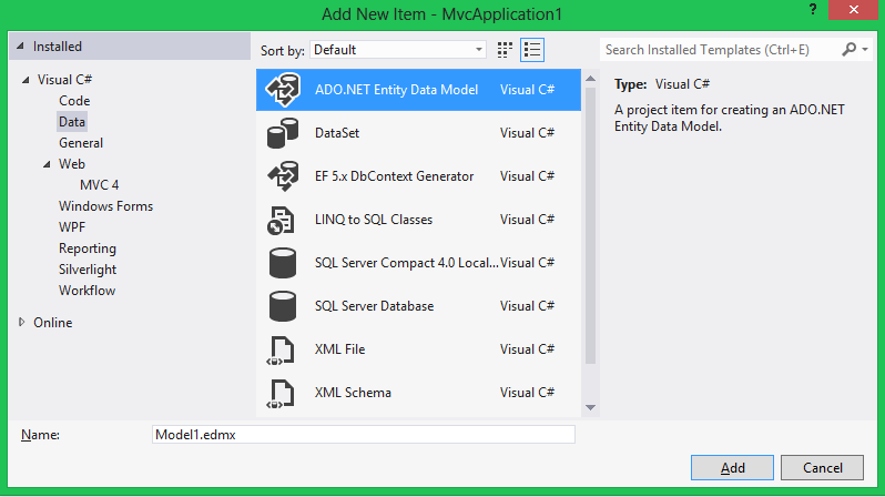 Ado net entity data model нет в visual studio 2019