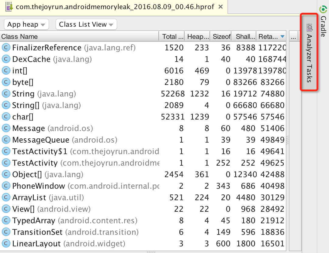 Java Heap查看，圈出Analyzer Tasks按钮