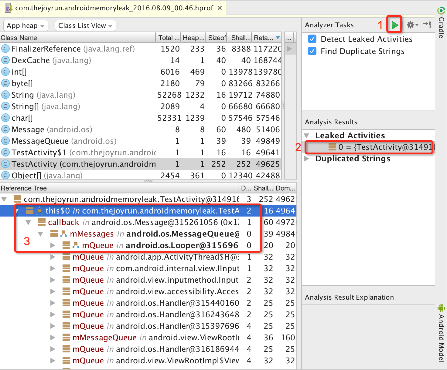 Analyzer Tasks，圈出Perform Analysis按钮，Analysis Results