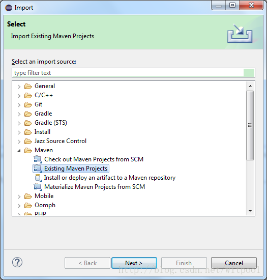 Import the project file and select Existing Maven Projects
