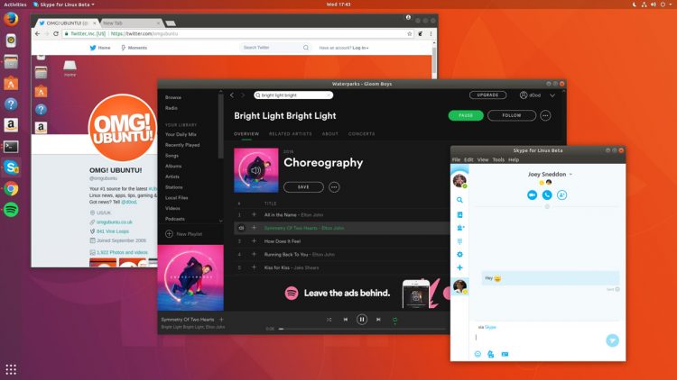带有Spotify，Skype和Chrome的Ubuntu 17.10桌面