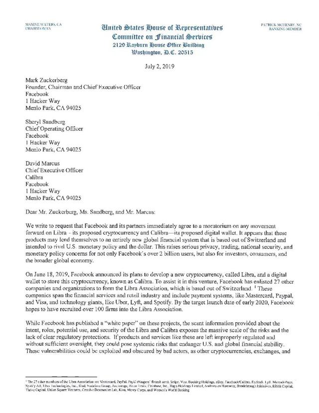 Burst!  The US Congress sent a letter to Facebook requires immediate cessation of Libra project (letter attached)