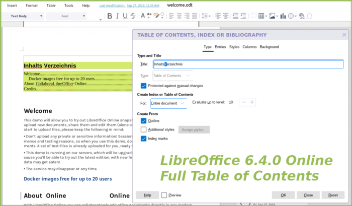 Full Table of Content dialog in Writer