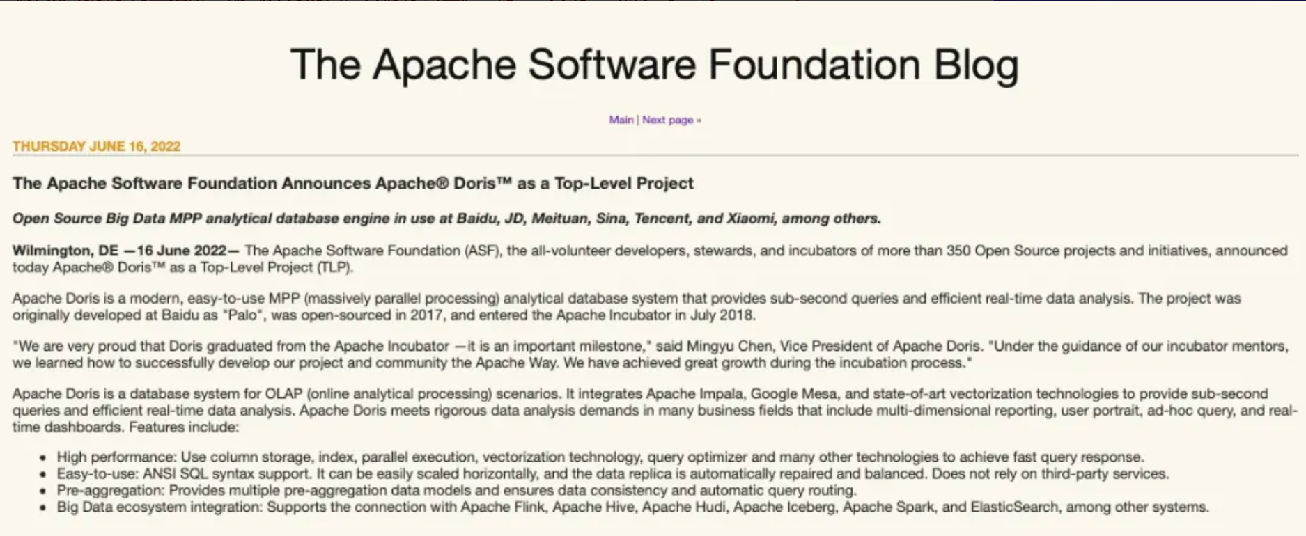 Apache Doris 从 Apache 基金会毕业，正式成为 Apache 顶级项目