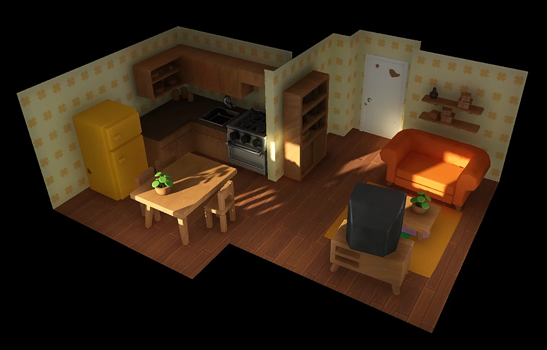 The interior of a small but well-lit apartment with a living room and a kitchen