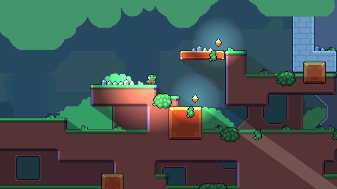 指向性ライトで照らされた小さなワニのキャラクターがいる森レベルの 2D 横スクロール ゲーム