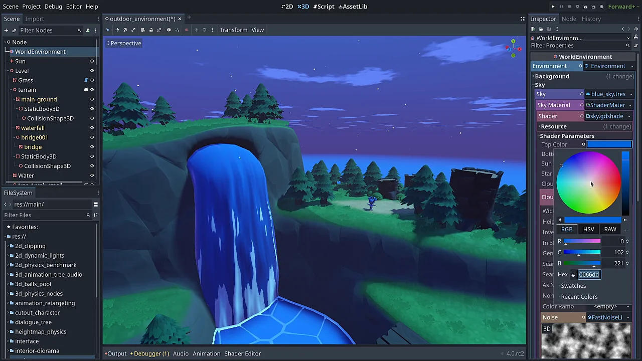 Starry night sky on an island.  The Godot editor interface wraps around the scene, opening the color picker