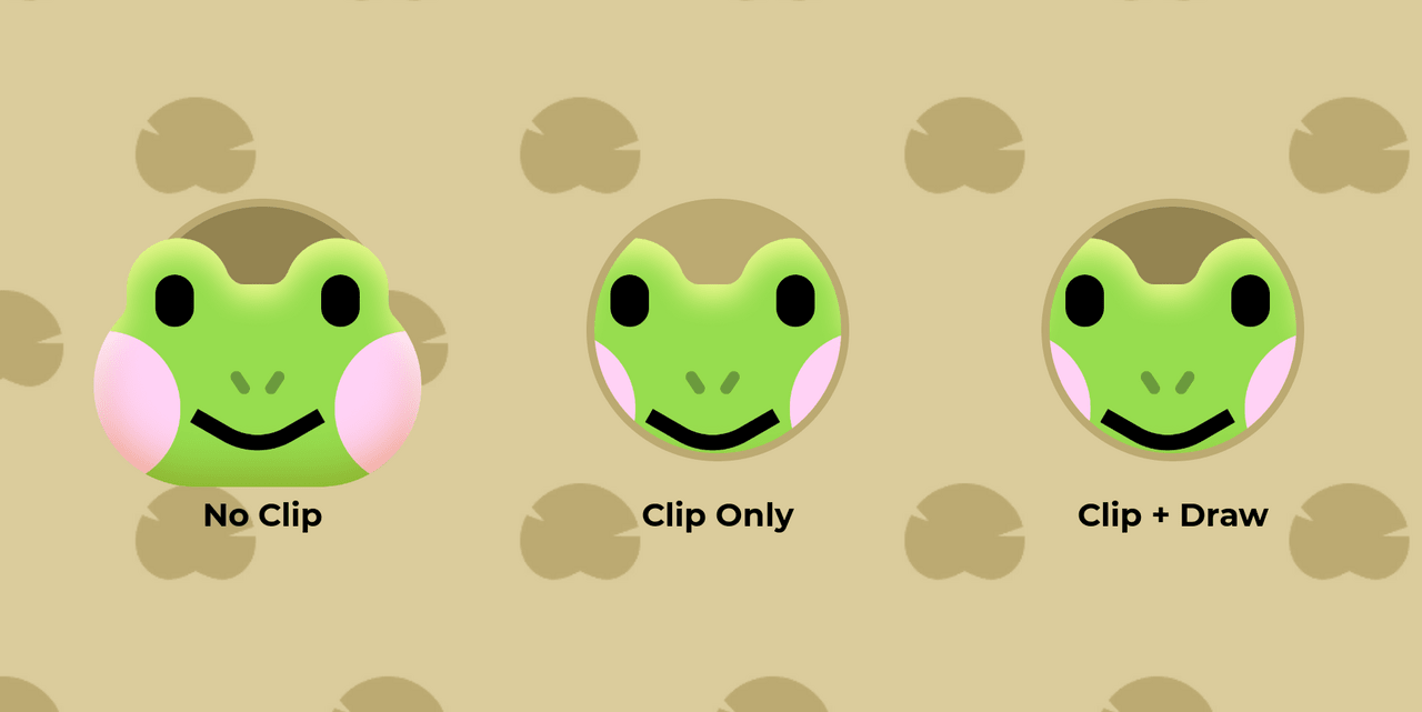 Tres caras de rana una al lado de la otra, una en el círculo y dos dentro del círculo
