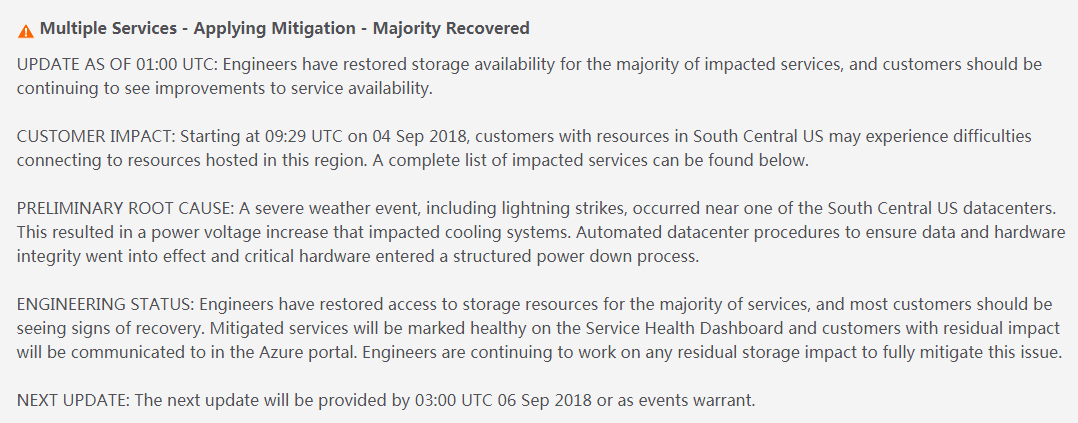 因“恶劣天气”Azure 服务中断，目前已逐步恢复