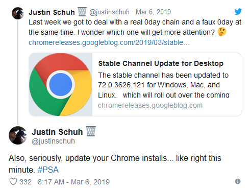 再次提醒 Chrome 用户尽快将浏览器升级到最新版