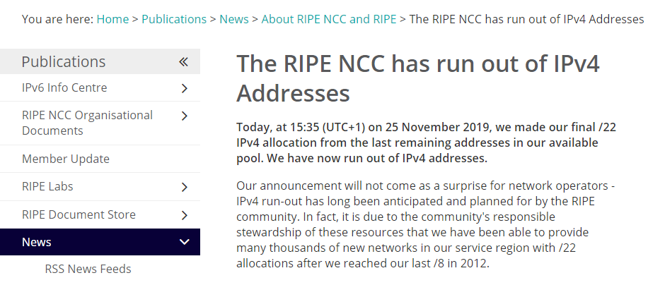 RIPE NCC 已分配完可用池中最后剩余的 IPv4 地址