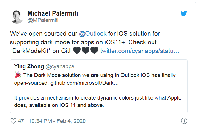 微软开源 Outlook for iOS 暗黑模式解决方案：支持 iOS 11 及更高版本