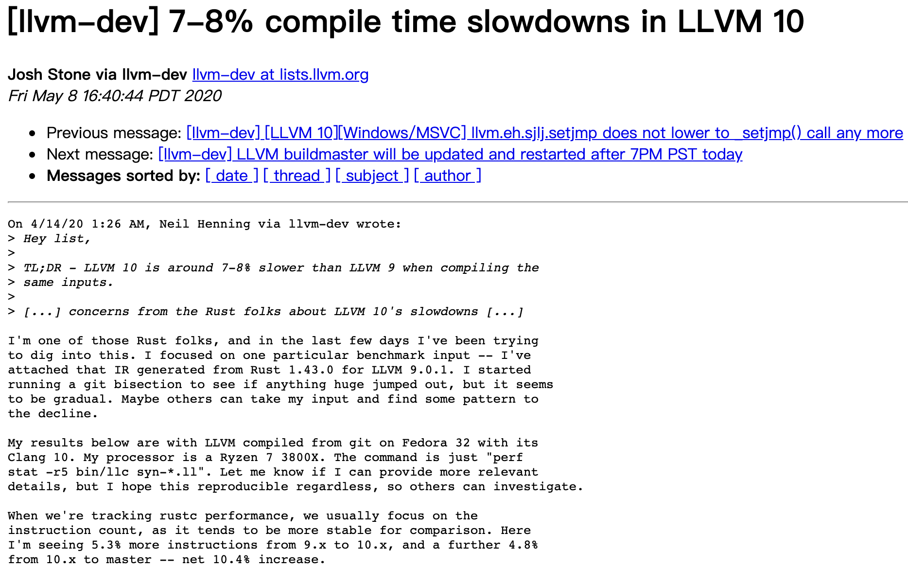 LLVM 10 影响 Rust 性能，生成更多指令导致编译时间变长