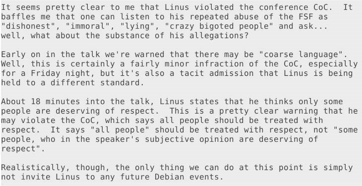 Linus 回应言行不当争议：Debian 文化问题