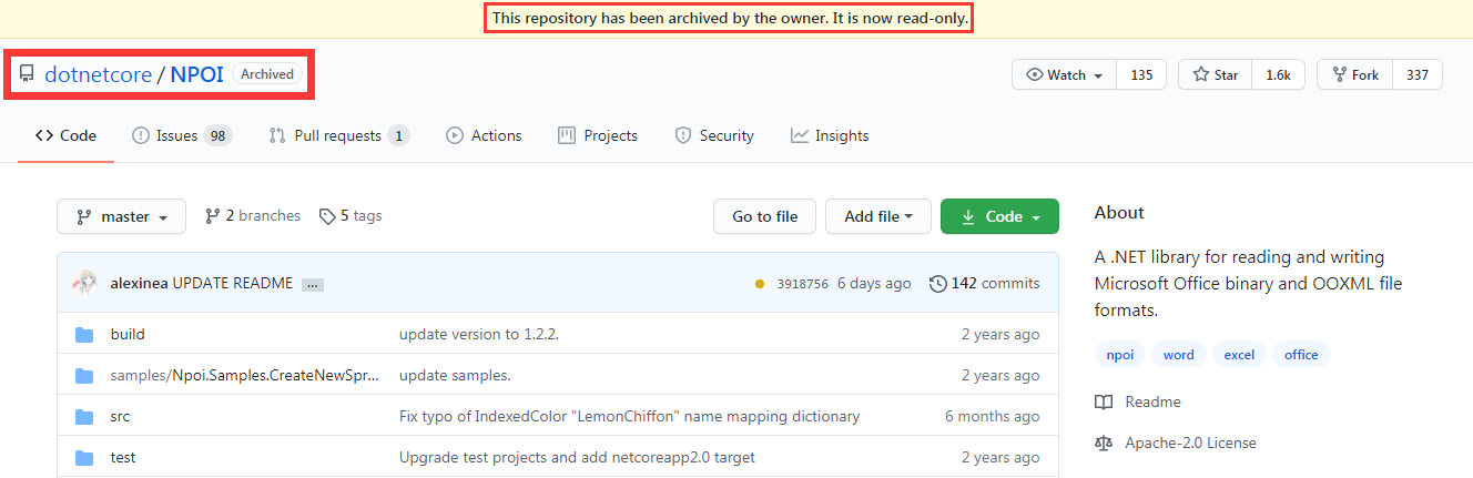 DotNetCore.NPOI 被下架，其 GitHub repo 被迫归档