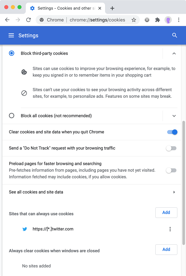 Chrome “Cookie 数据设置”不对谷歌旗下网站生效
