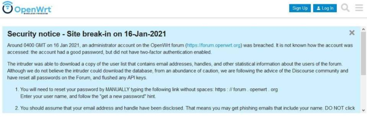 OpenWRT 论坛发生大规模用户数据泄漏