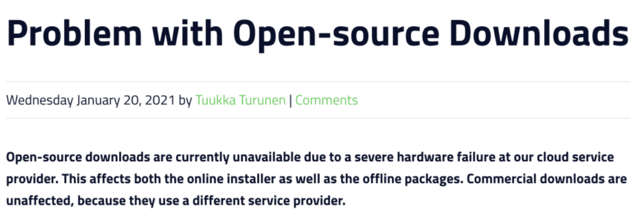 Qt 云服务遭硬件故障，开源版本无法下载安装
