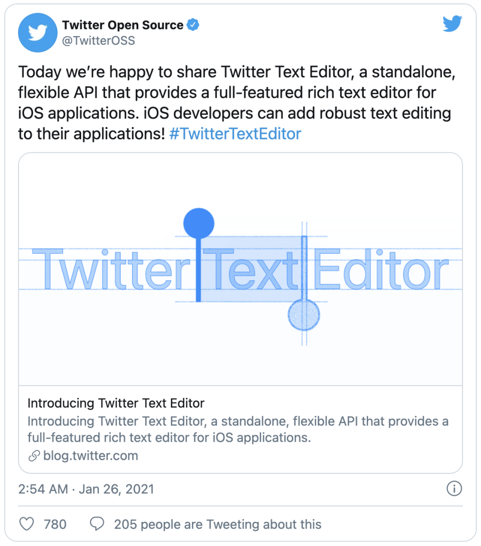 Twitter 为 iOS 开发者提供开源文本编辑器 API