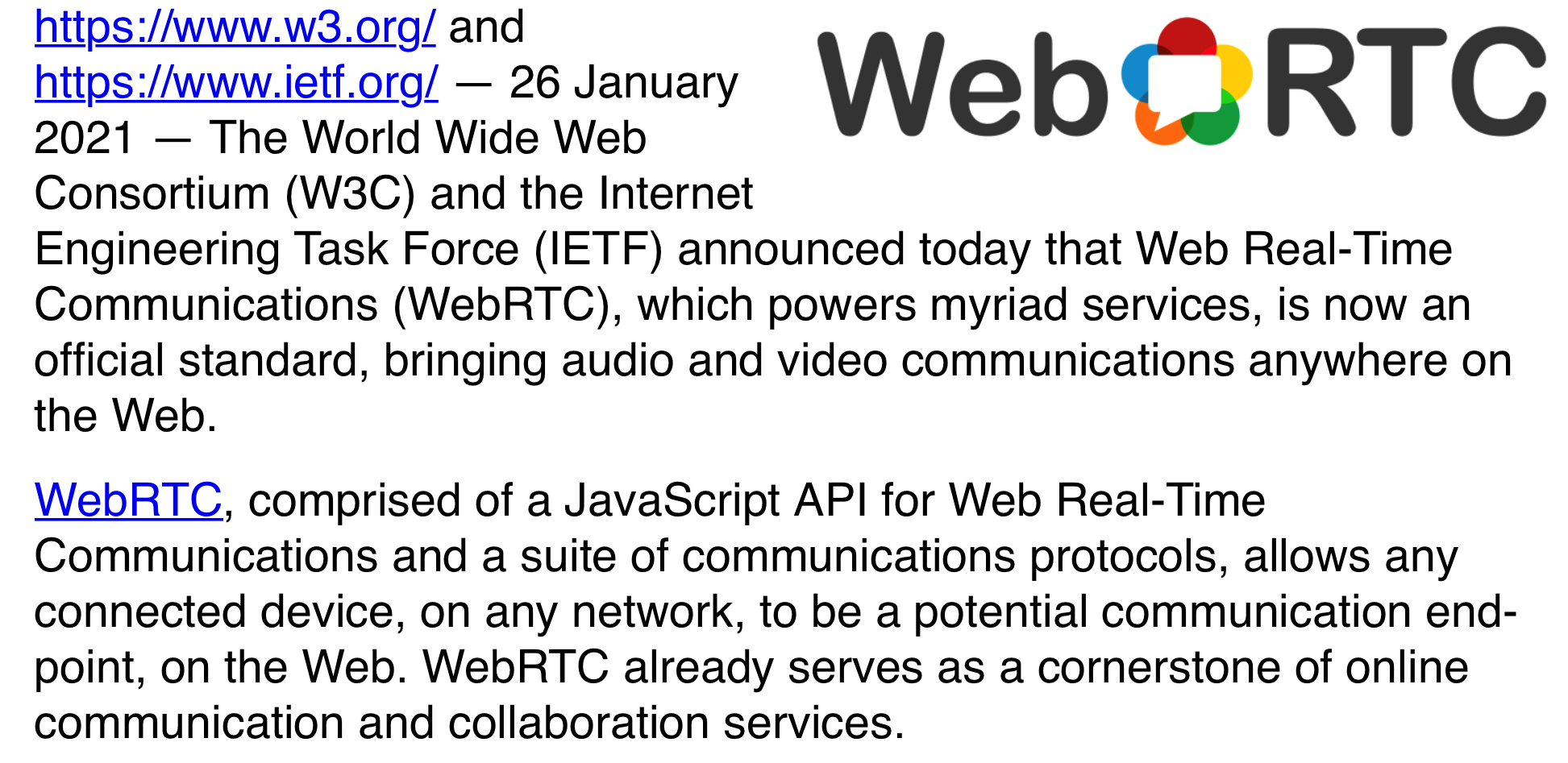 WebRTC 成为 W3C 和 IETF 正式标准