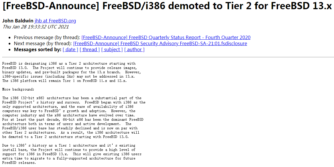 FreeBSD 降低对 i386 架构的支持