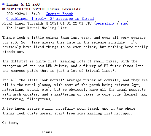 Linux Kernel 5.11-rc6 发布